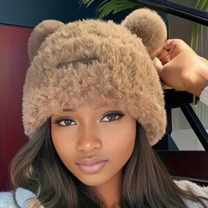Women's New, Warm, Comfy, Incredibly Soft, and Adorable Teddy Bear Hat in Khaki